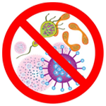 No germs symbol with various microorganisms and a red prohibition sign, emphasizing the importance of sanitization and health in cleaning services.