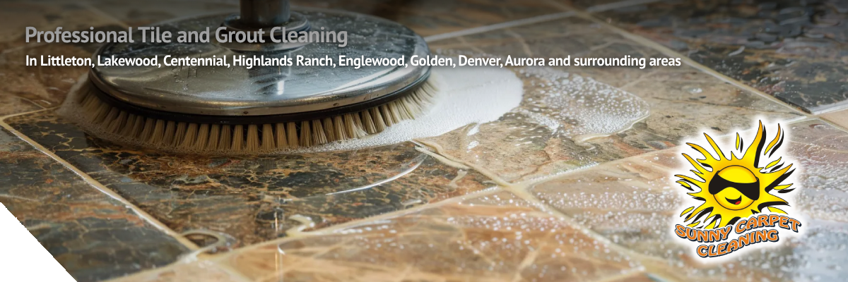 Professional tile and grout cleaning service in Littleton, showcasing a scrubbing machine on stained tile floor with soap suds, emphasizing restoration and hygiene for homes.