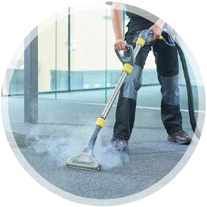 Professional carpet cleaning service in action, using a steam cleaner on commercial carpet, highlighting eco-friendly practices and commitment to cleanliness.