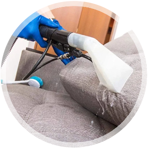 Upholstery cleaning process with a professional cleaner using a specialized tool on a gray couch, emphasizing quality and thorough cleaning services offered by Sunny Carpet Cleaning in Denver, CO.