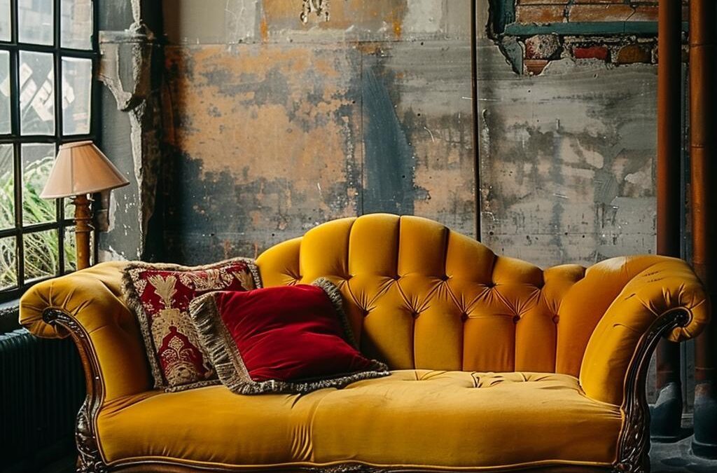 Yellow tufted sofa with red decorative pillows in an industrial-style room, highlighting upholstery condition related to professional cleaning services.