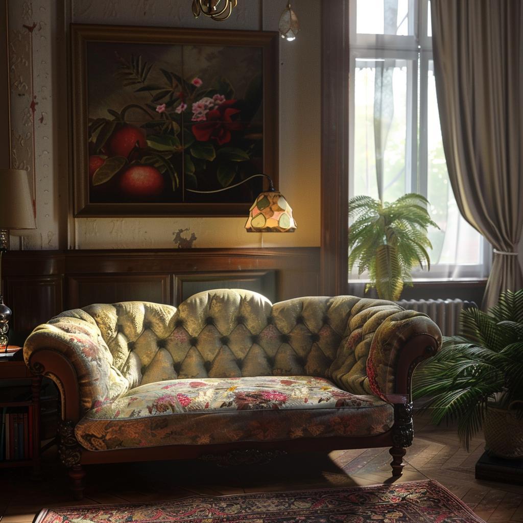 Vintage upholstered sofa in a well-lit room with decorative plants, elegant lamp, and artwork, representing upholstery care and cleaning context.