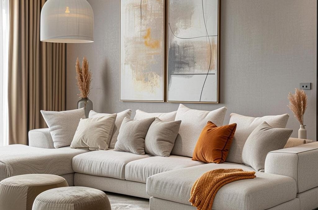 Cozy living room featuring a light-colored sectional sofa adorned with multiple decorative pillows, an orange accent pillow, and a textured throw, complemented by modern artwork and soft lighting.