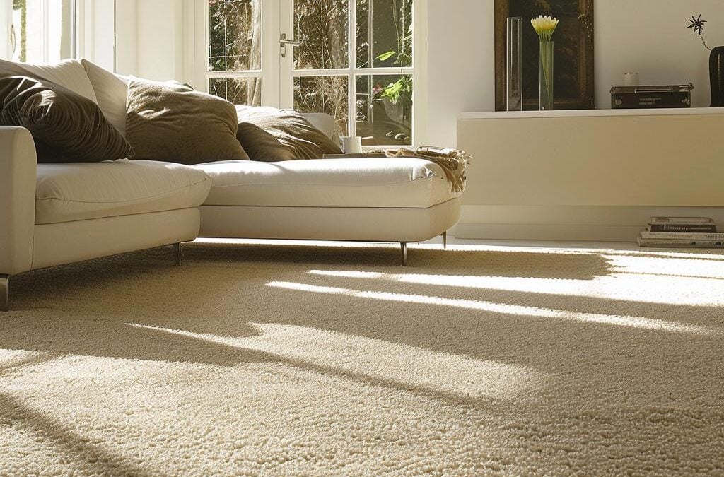 Cozy living room with a light-colored carpet, modern sectional sofa, and natural sunlight streaming through large windows, highlighting the clean and allergen-free environment.