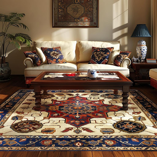 Cozy living room with a large area rug, elegant coffee table, and comfortable seating, highlighting the importance of professional area rug cleaning for allergy reduction and improved indoor air quality.