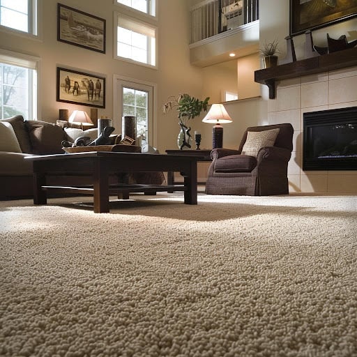 Cozy living room with plush beige carpet, coffee table, and comfortable seating, showcasing a clean and inviting space ideal for carpet cleaning services.