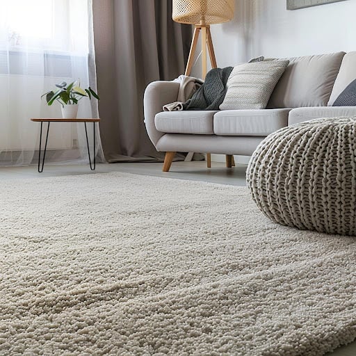 Cozy living room with a plush beige carpet, modern sofa with decorative cushions, and a stylish knitted pouf, highlighting the comfort of well-maintained carpets ideal for families in Littleton, Lakewood, and Centennial.