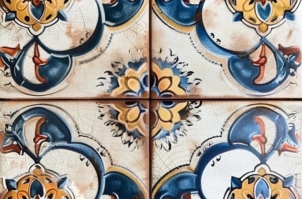 Decorative ceramic tiles with intricate floral patterns in blue, yellow, and orange, showcasing a vintage aesthetic, relevant to upholstery and carpet cleaning discussions.
