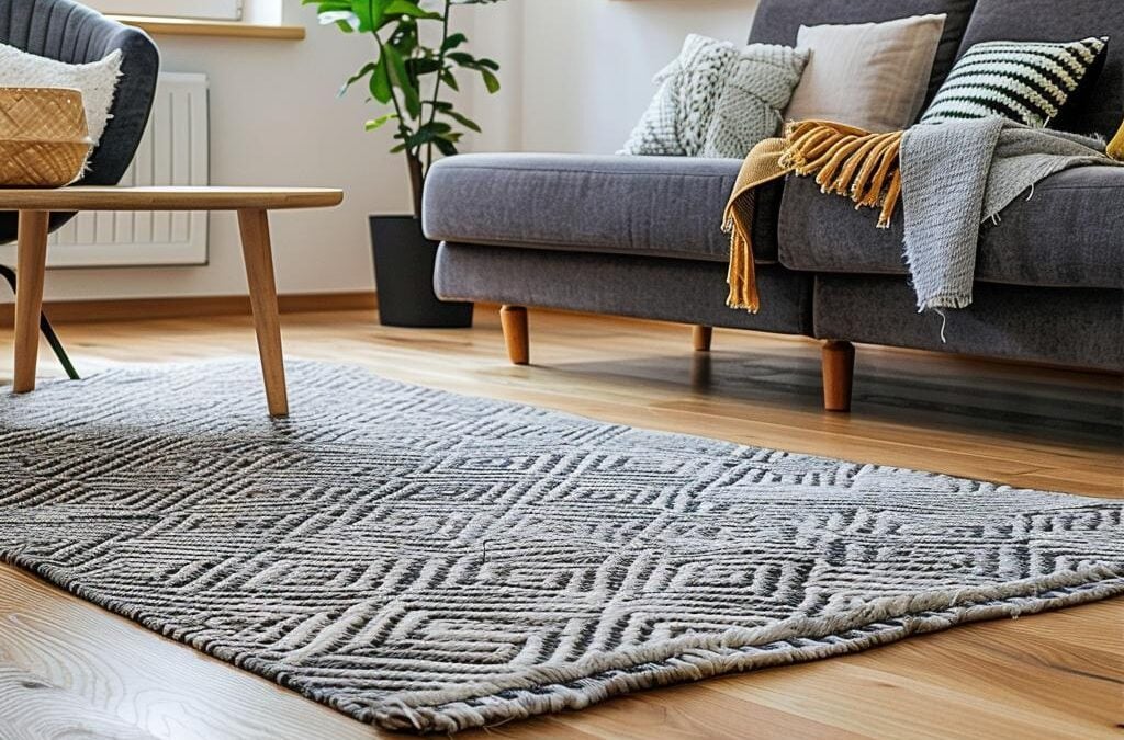 Modern living room featuring a patterned area rug, wooden coffee table, and gray sofa with decorative pillows, emphasizing the importance of professional rug cleaning for maintaining a healthy indoor environment.