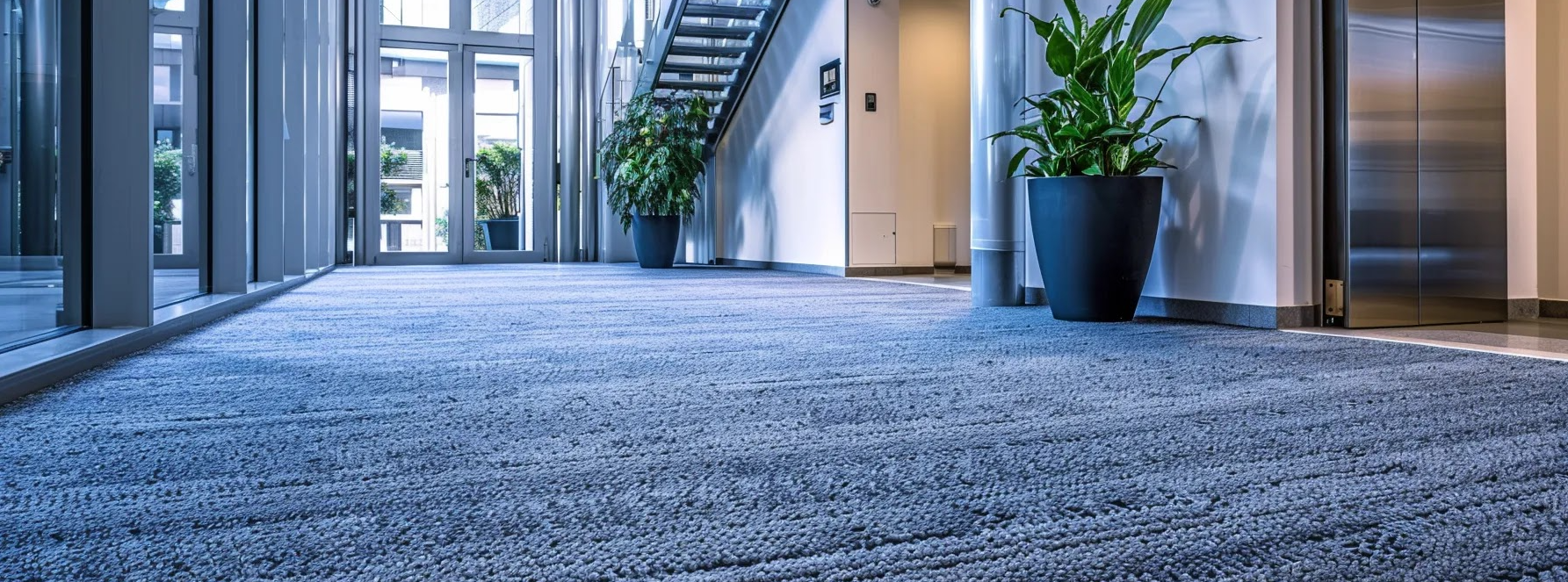 Commercial hallway with freshly cleaned blue carpet, large windows allowing natural light, and decorative plants, emphasizing a hygienic and inviting workspace.