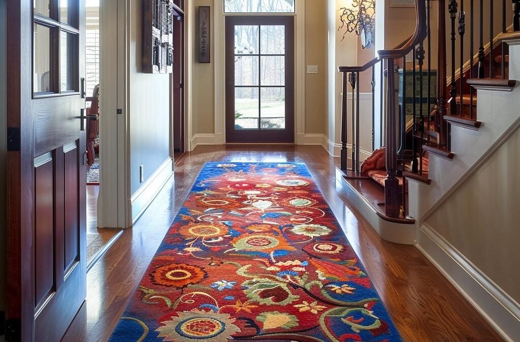 Colorful area rug with floral patterns in a well-lit entryway, showcasing hardwood flooring and a staircase, emphasizing home aesthetics and cleanliness.