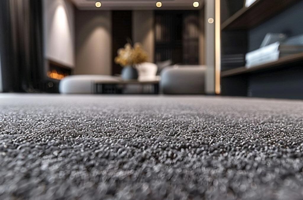 Close-up of textured gray carpet in a modern living space, highlighting the importance of upholstery care and cleanliness for maintaining furniture value in Littleton, CO.