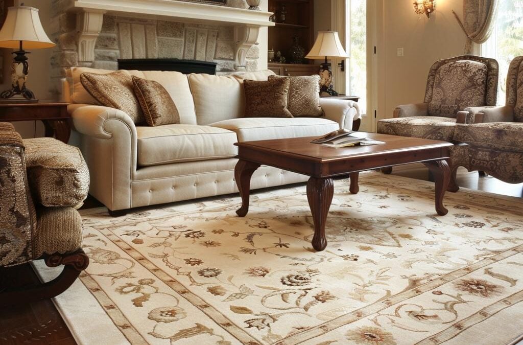 Living room with a light-colored sofa, decorative pillows, and an ornate area rug featuring floral patterns, emphasizing the importance of professional area rug cleaning for maintaining a clean home environment.