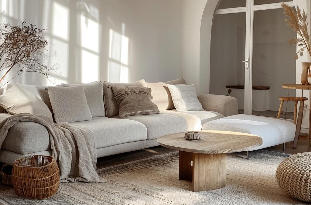 Modern, stylish living room featuring a light-colored sectional sofa with decorative pillows, a wooden coffee table, and natural elements like a woven basket and dried plants, emphasizing a clean and inviting atmosphere suitable for upholstery cleaning services in commercial settings.
