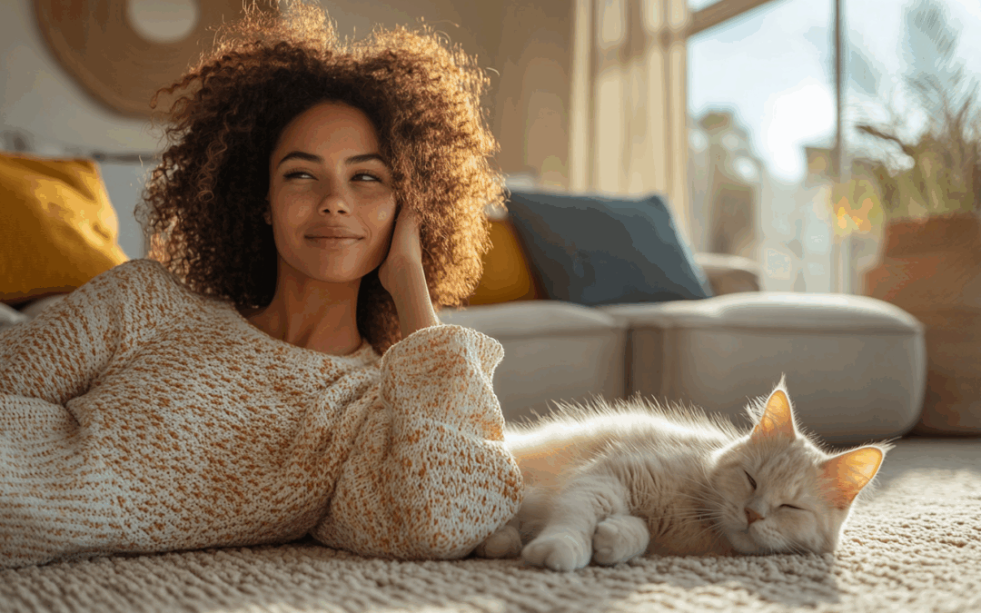 Hispanic pet owner relaxing on a clean carpet with a fluffy cat, enjoying a cozy living space with natural light and stylish decor, emphasizing the importance of upholstery and carpet maintenance.