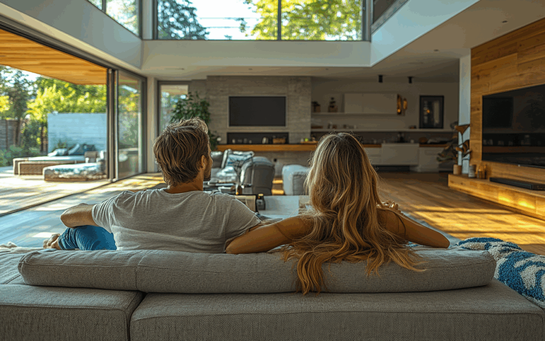 Couple relaxing on a modern sofa in an open-concept living room, surrounded by natural light and stylish decor, emphasizing comfort and home aesthetics in Littleton, CO.