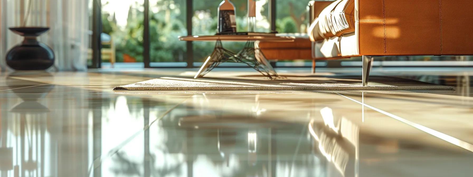 Clean, polished tile floor reflecting sunlight, modern furniture in a well-lit living space, emphasizing the importance of professional tile cleaning services for homeowners.