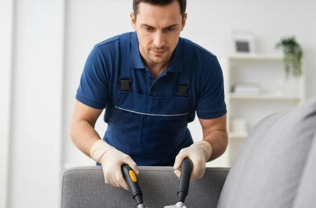 Professional cleaner using upholstery cleaning equipment on a gray sofa, emphasizing expert sofa cleaning for a healthier home environment.