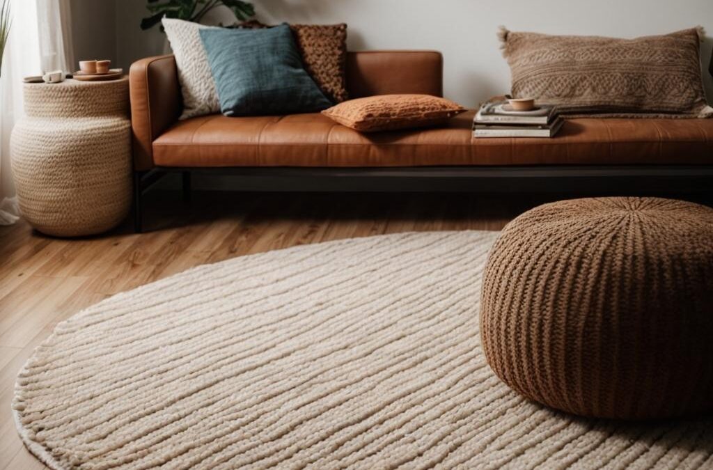 Cozy living room featuring a round, textured area rug, leather couch with decorative pillows, and woven side tables, highlighting the importance of professional rug maintenance in Littleton.