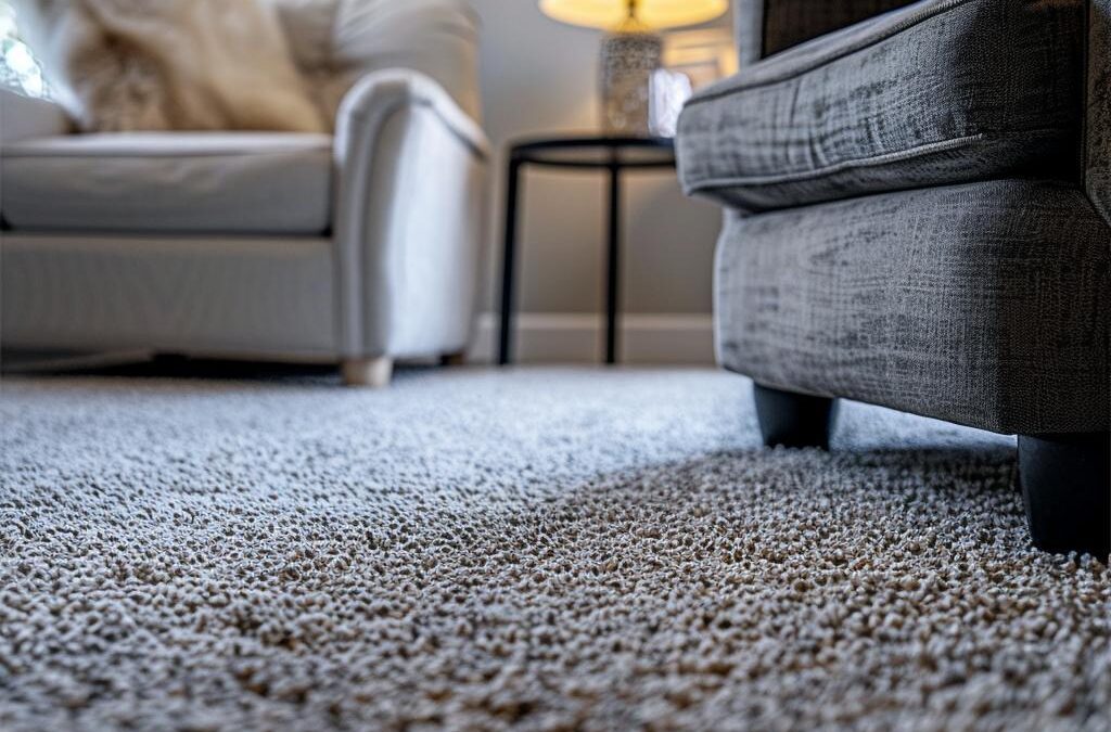 Office carpet with textured fibers, gray upholstered chair, and soft lighting, emphasizing cleanliness and comfort for workplace well-being in Littleton, CO.
