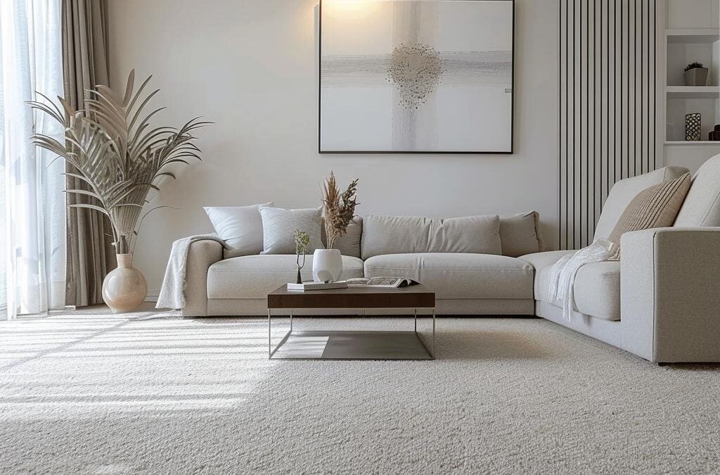 Cozy living room with light-colored carpet, modern sofa, decorative plants, and a coffee table, showcasing a clean and inviting interior, reflecting the importance of professional carpet cleaning for maintaining home comfort and aesthetics.