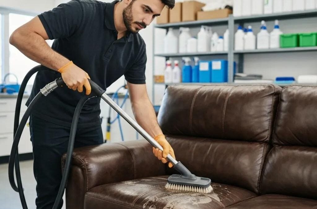 Professional cleaner using specialized equipment to deep clean a brown leather sofa, showcasing upholstery cleaning techniques in a well-equipped service area.