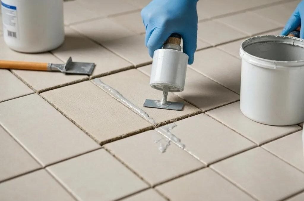 Person applying grout to tile floor with tools, demonstrating professional tile and grout cleaning techniques for restoration.