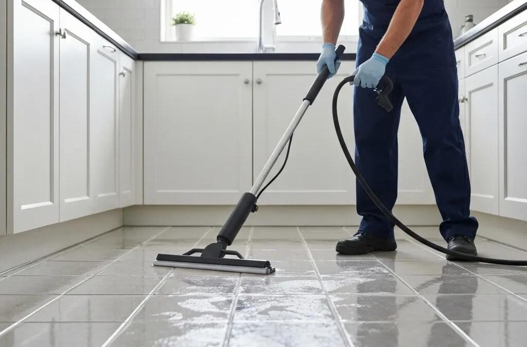 Professional cleaner using steam equipment to sanitize tile and grout in a modern kitchen, showcasing effective cleaning techniques for maintaining pristine surfaces in Littleton.