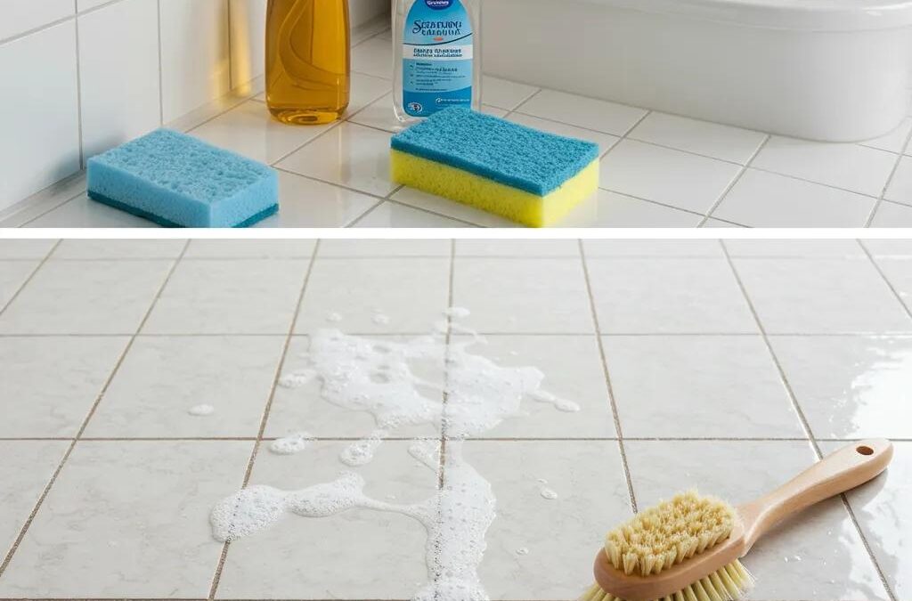 Cleaning supplies including sponges and a bottle of cleaner beside tiled surface with soap suds and a brush, illustrating effective grout maintenance techniques for kitchens and bathrooms.