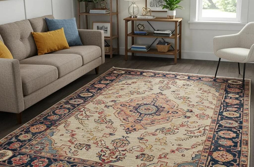 Cozy living room featuring a vibrant area rug illustrating cleaning results, complemented by inviting decor and a comfortable sofa, emphasizing rug maintenance and care.