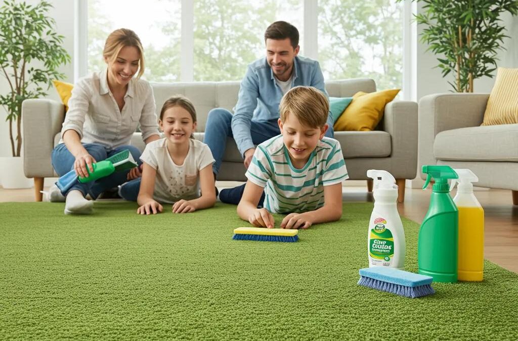 Family cleaning green carpet with eco-friendly products in bright living room, emphasizing safe and biodegradable cleaning solutions.