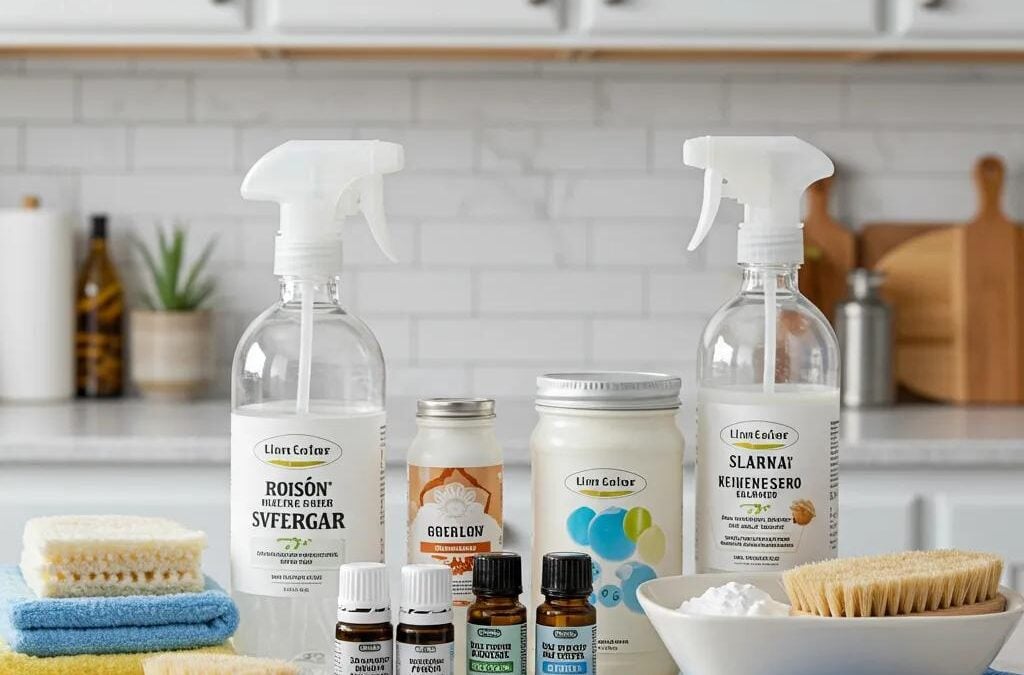 Natural cleaning ingredients including vinegar, baking soda, essential oils, and spray bottles on a kitchen countertop, showcasing DIY cleaning solutions for eco-friendly home care.