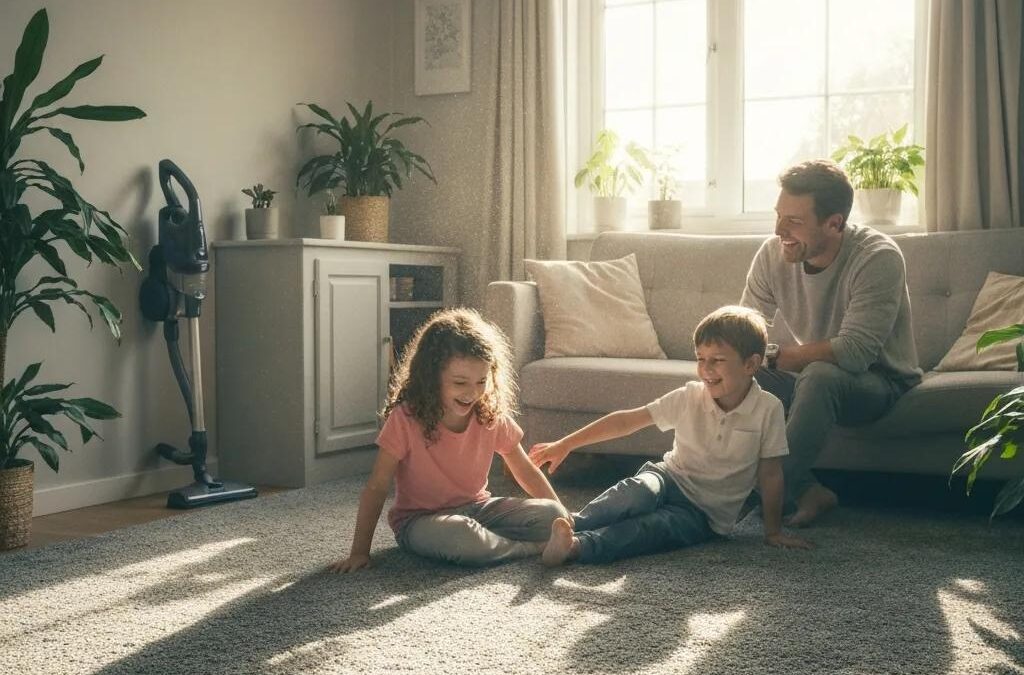 Cozy living room with clean carpet, children playing and laughing, plants enhancing indoor air quality, highlighting family health and comfort.