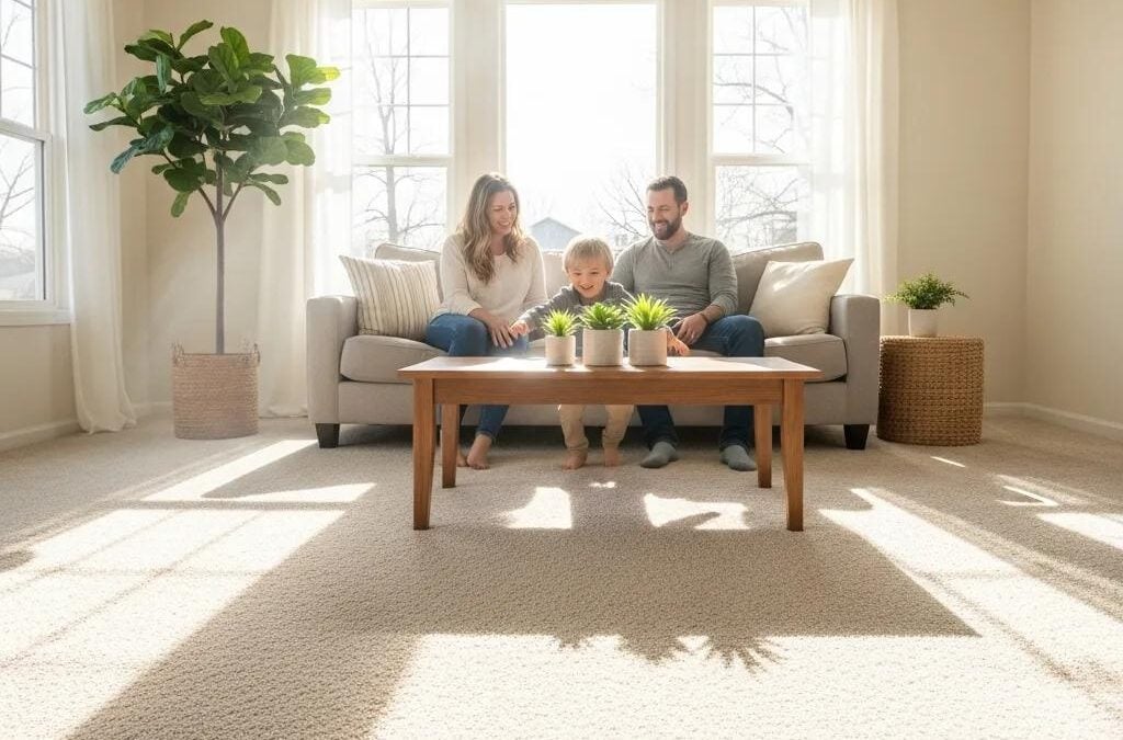 Bright living room with freshly cleaned carpets, family sitting together at a coffee table with potted plants, emphasizing comfort and cleanliness for improved indoor air quality.