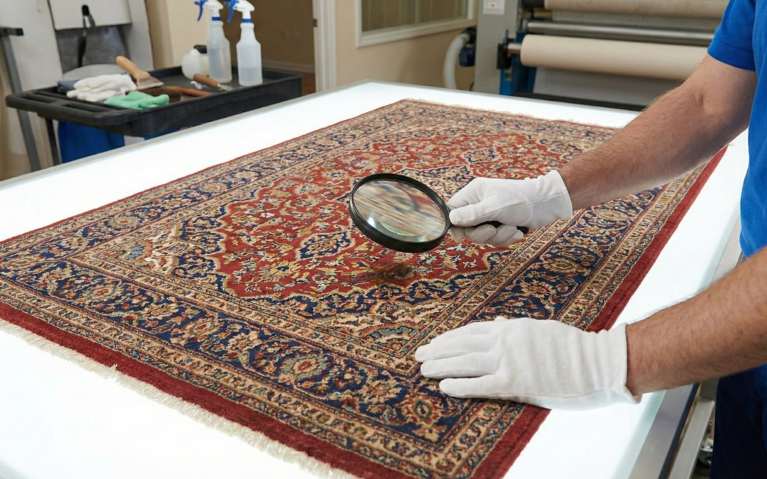Professional inspecting an area rug with a magnifying glass, highlighting stain removal techniques and care for maintaining rug beauty.