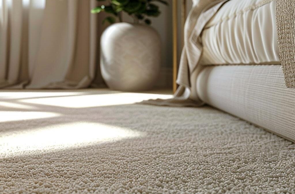 Cozy indoor setting featuring plush beige carpet, sunlight casting shadows, and decorative plant, emphasizing the importance of professional carpet cleaning for winter-related stains and chemical residue.