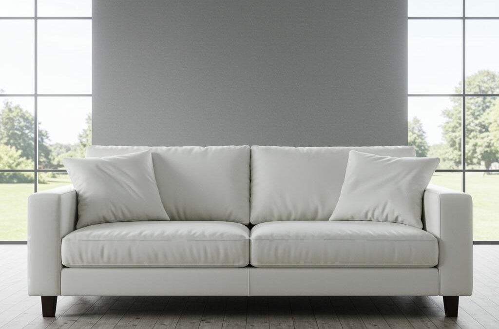 Modern white couch with plush cushions in a bright room, emphasizing professional upholstery care and cleaning services.