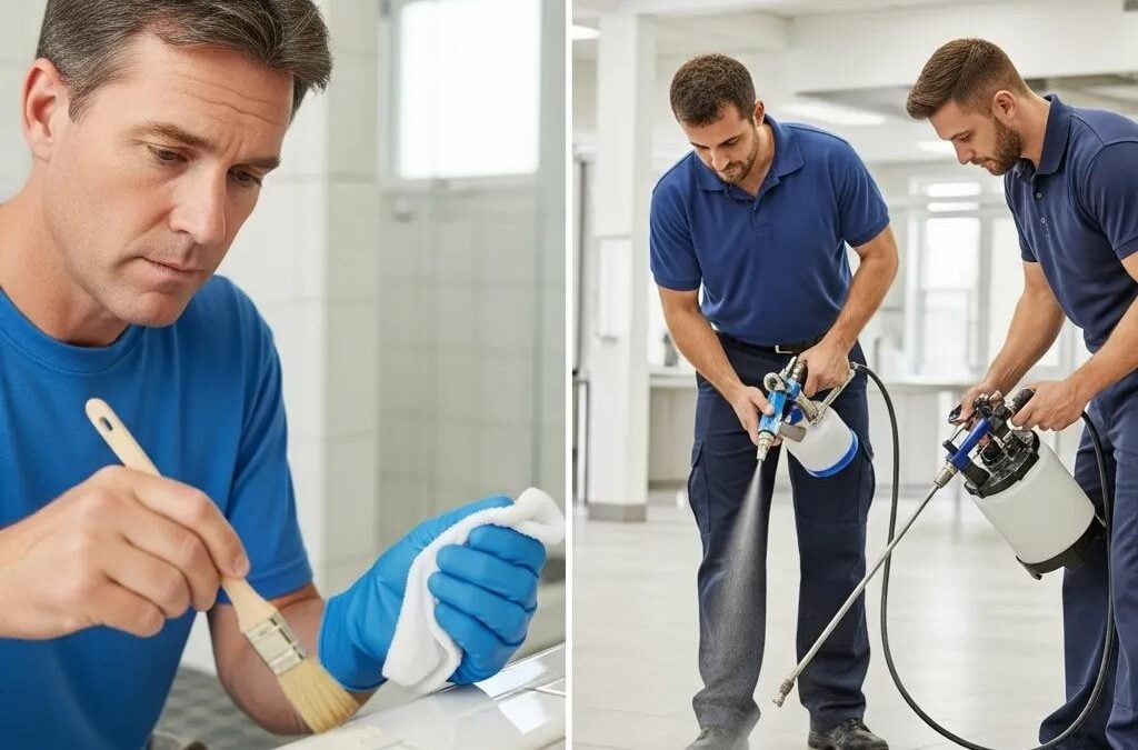 Man applying grout sealant with a brush and two professionals using spray equipment for grout sealing in a tiled space, demonstrating DIY versus professional grout sealing methods.