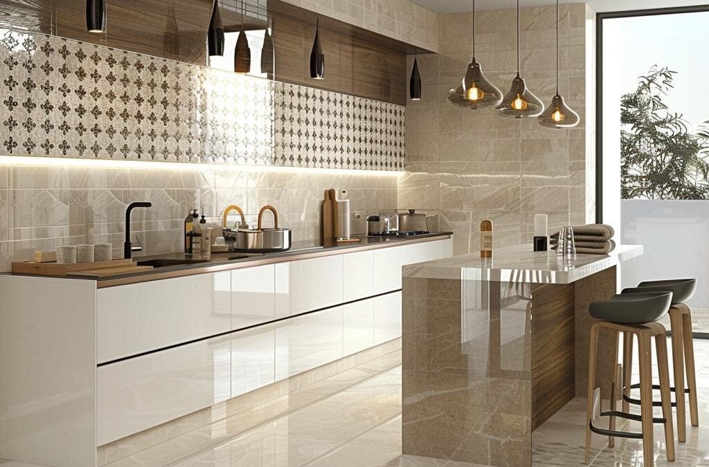Modern kitchen with glossy white cabinets, intricate tile backsplash, and elegant pendant lighting, highlighting the importance of professional tile cleaning in Littleton homes.