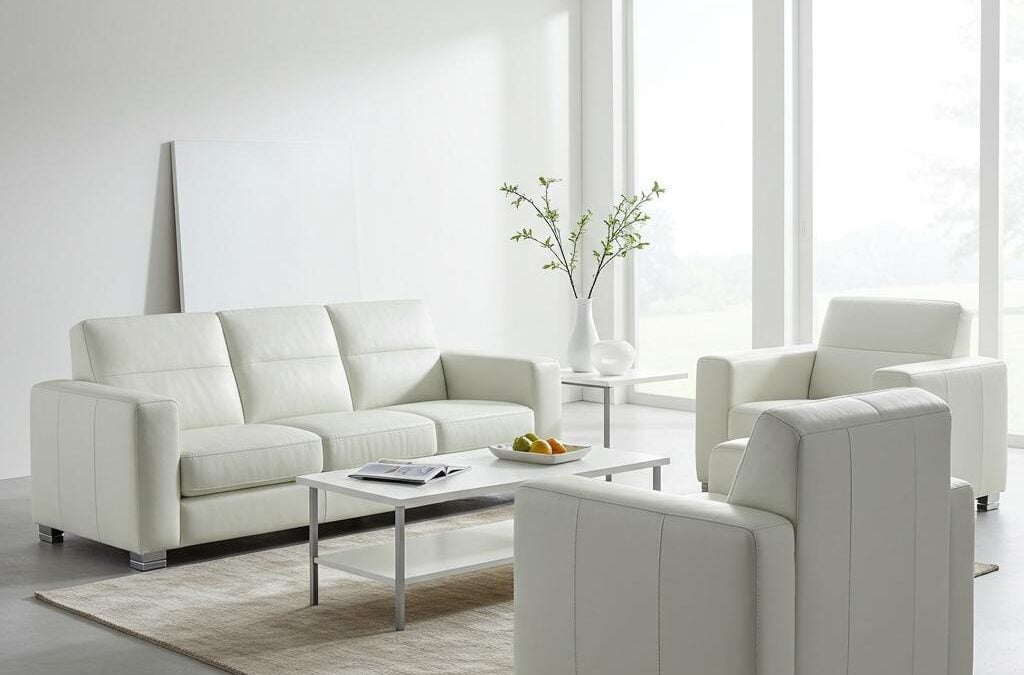 Modern white leather sofa and armchairs in a bright living room, showcasing a clean and inviting interior ideal for professional upholstery cleaning during Colorado winters.