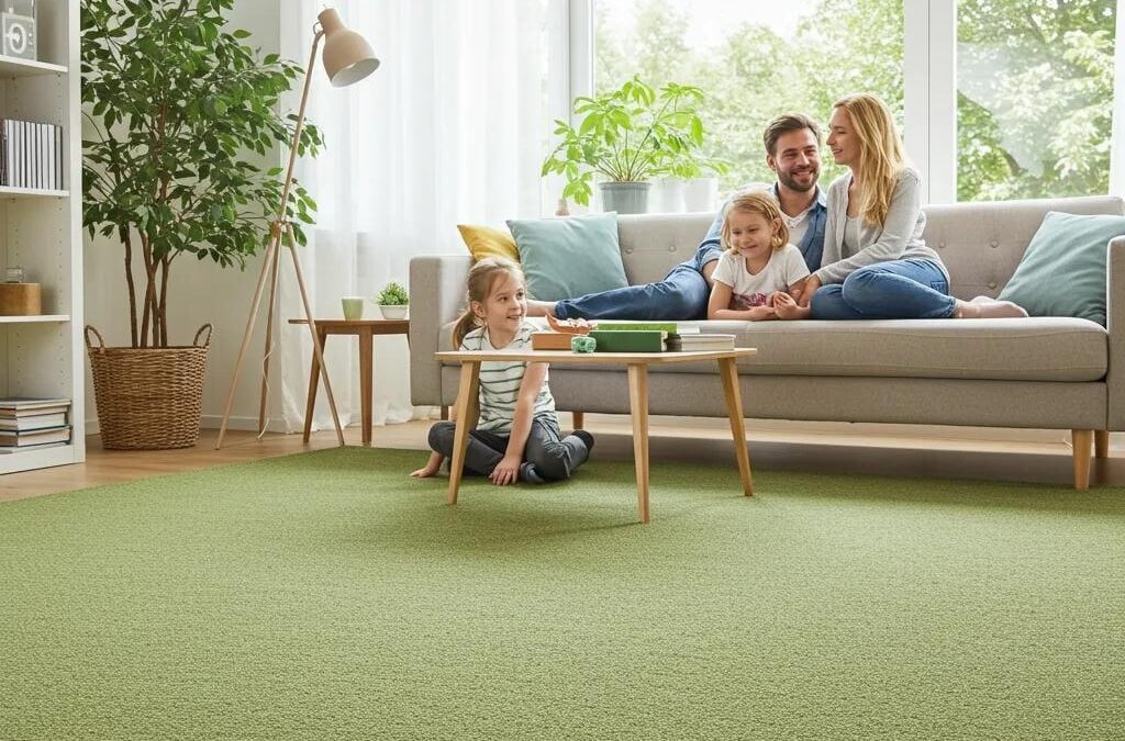 Family enjoying a clean, eco-friendly carpet in a bright living room, emphasizing the importance of professional carpet cleaning and indoor air quality.