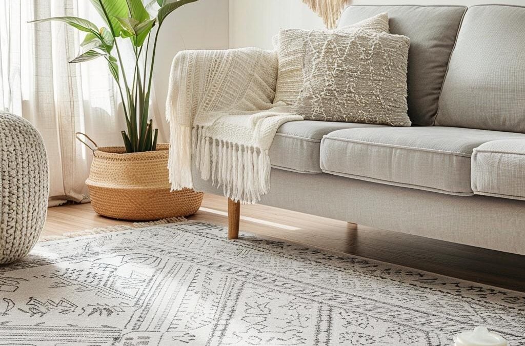 Modern light gray couch with decorative pillows and a cozy throw blanket, surrounded by indoor plants and a patterned rug, emphasizing the importance of couch cleaning for a healthier home environment.