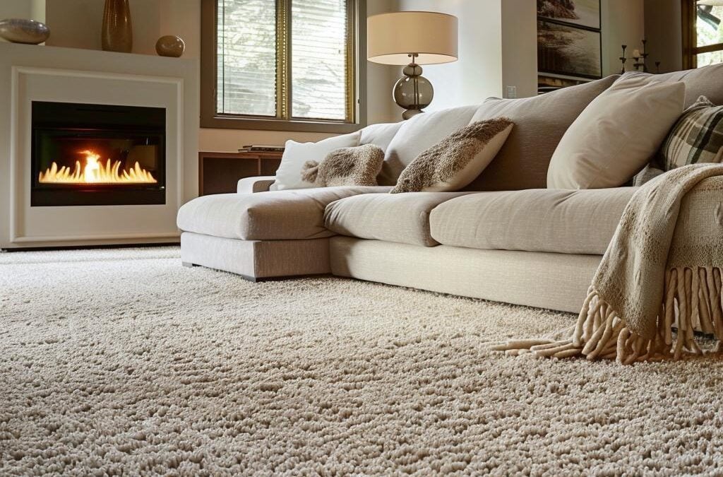 Cozy living room with plush carpet, modern sofa, and a fireplace, emphasizing the comfort and cleanliness associated with residential carpet cleaning in Littleton, Colorado.