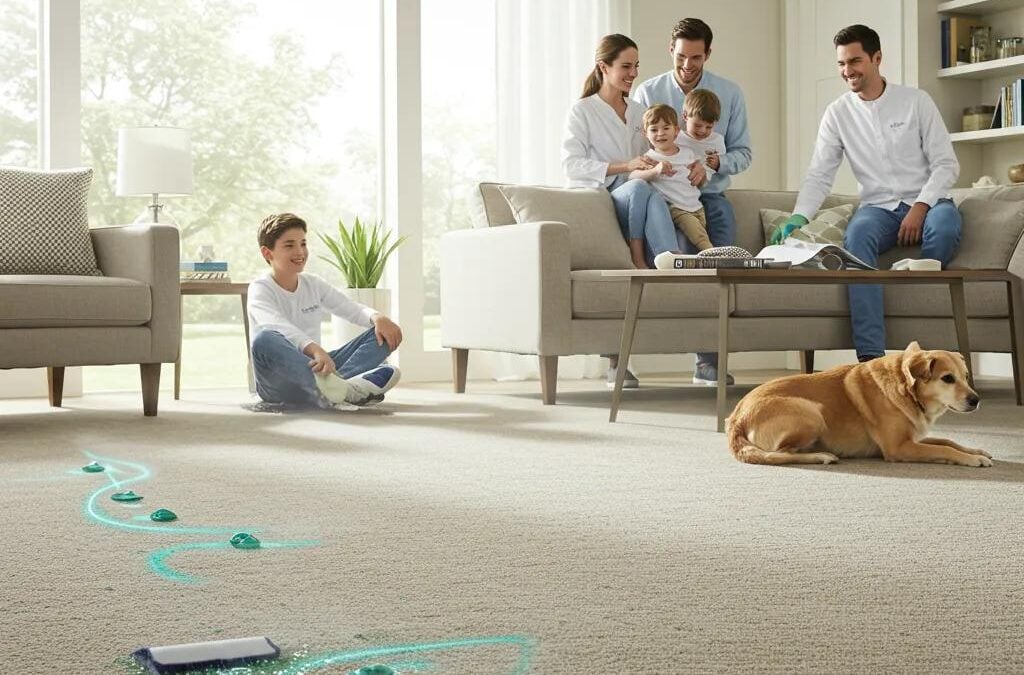 Family enjoying a clean living room with a dog, highlighting the benefits of professional carpet cleaning and allergen removal services in Littleton.