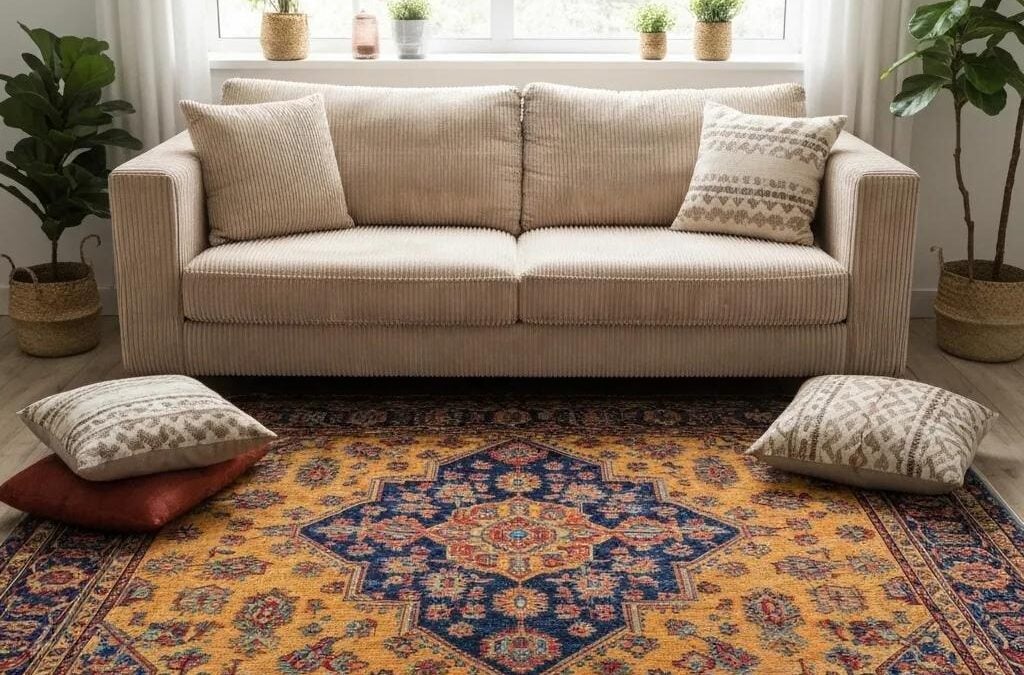 Cozy living room scene featuring a beige sofa with patterned cushions, surrounded by decorative pillows on a vibrant area rug, emphasizing the importance of proper rug maintenance for wool, silk, and synthetic materials.